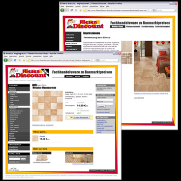 Screenshots der Fliesen-Discount-Website sowie des Online-Shops